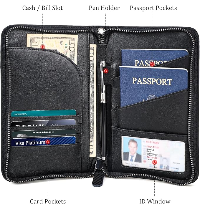 Polare Full Grain Leather Passport Holder With YKK Zipper RFID Blocking Travel Document Organizer Ticket Holder Cover Case Holds 2 Passports (Carbon Black)