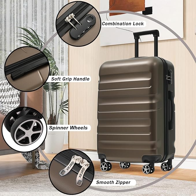 Merax Luggage Set 6 Piece, Hardshell ABS Suitcases with 8 Silent Spinner Wheels, Durable and Lightweight Travel Luggage for Family Trips, Brown