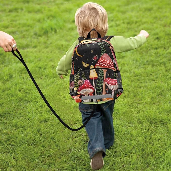 Moon Mushroom Toddler Backpack Boys Girls Kids Preschool Bookbag School Children Bag with Leash Travel Casual Daypack Kindergarten Elementary Schoolbag for Nursery Junior Primary Students