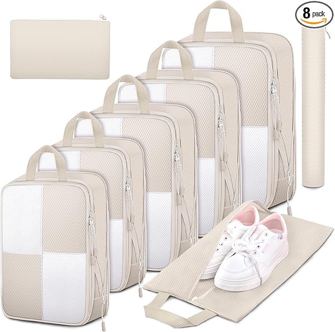 8 Set Compression Packing Cubes Travel, Lightweight Expandable Travel Cubes Suitcase Organizer for Carry On Luggage Suitcase, Beige