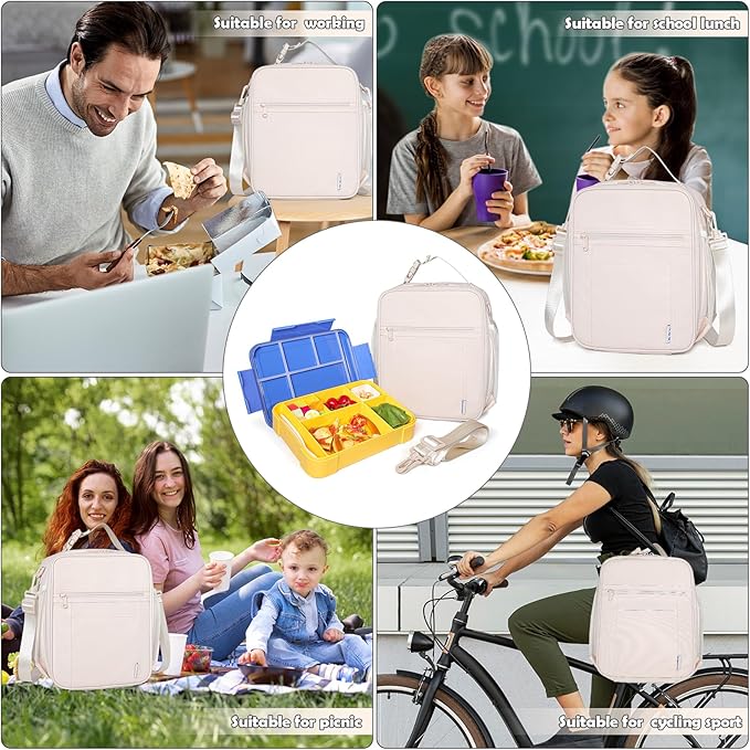 NOL Nylon Waterproof Kids Lunch Bag, Insulated Lunch Bag, Lunch box Cooler, Reusable, Zip Closure with Buckle Handle Holds Lunch Box, Snacks & Water Bottle for School Work, Cream