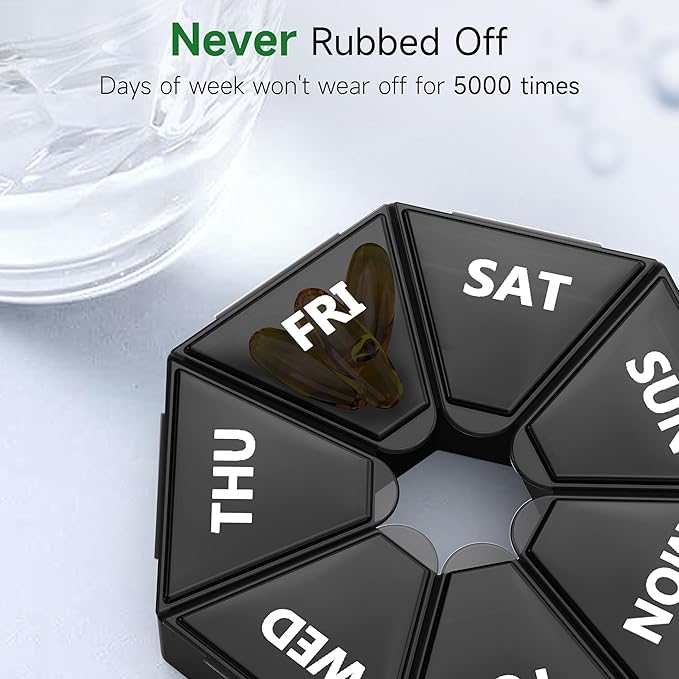 Gelibo,Weekly Pill Organizer, 2 Pack Portable Travel Pill Box Dispenser Medicine case 6 Colors (Seven Day) New Edition for Vitamin/Fish Oil/Pills/Supplements-Arthritis Friendly (Black)