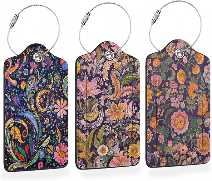 Colorful Boho Floral 3 PCS PU Leather Luggage Tags for Suitcase, Luggage Tag with Privacy Flap, Name ID Label and Metal Loop for Women Men Baggage Handbag School Bag Backpack