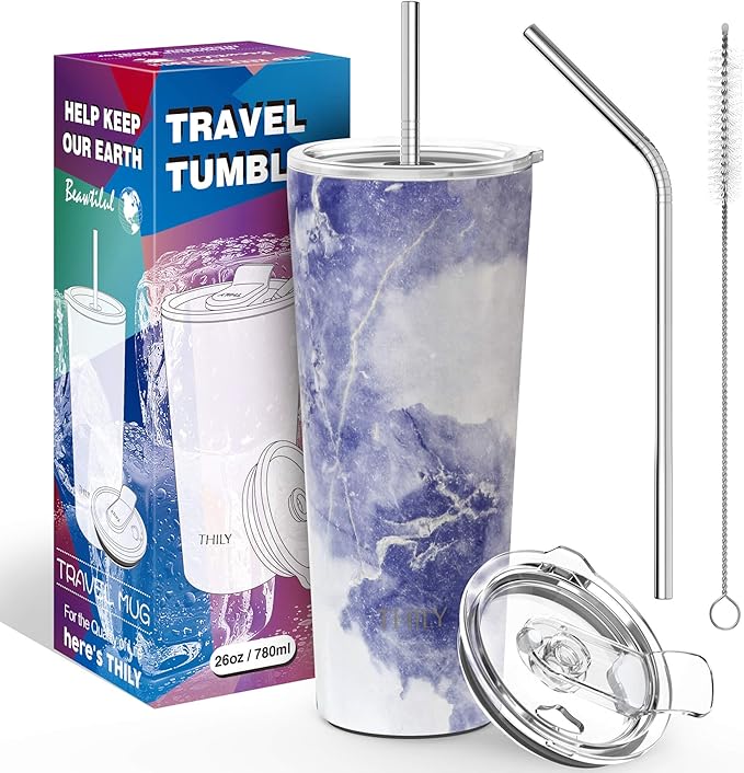 THILY Stainless Steel Vacuum Insulated Tumbler Travel Mug 26 oz Coffee Cup with 2 Lids and Straws, Splash Proof, Keep Ice Drinks Cold, Blue Marble