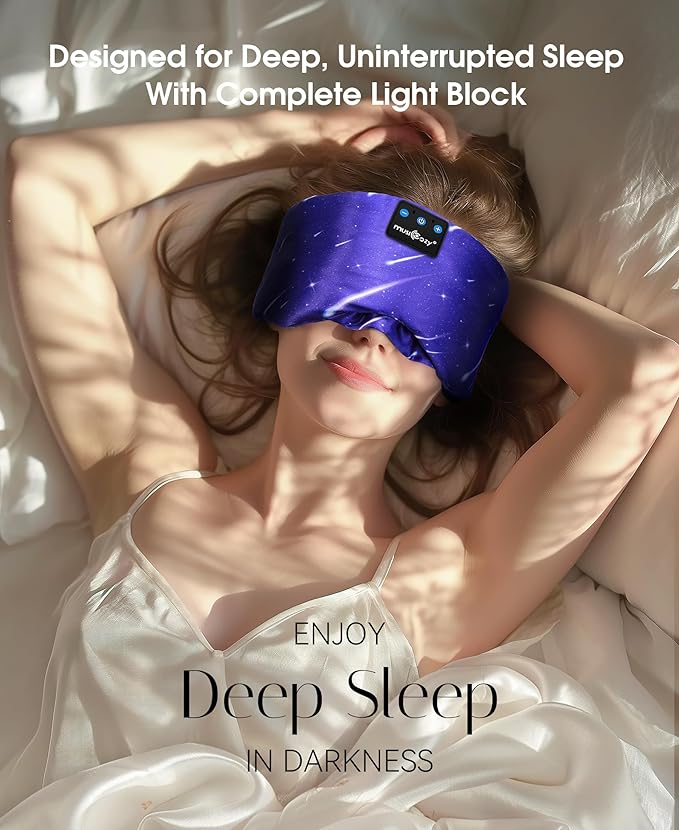 MUSICOZY Mulberry Silk Bluetooth Sleep Mask with HD Stereo Sound, Wireless Sleep Headband Headphones for Side Sleepers, Adjustable Size, Total Light Blocking, Perfect for Travel Relaxation Sleep