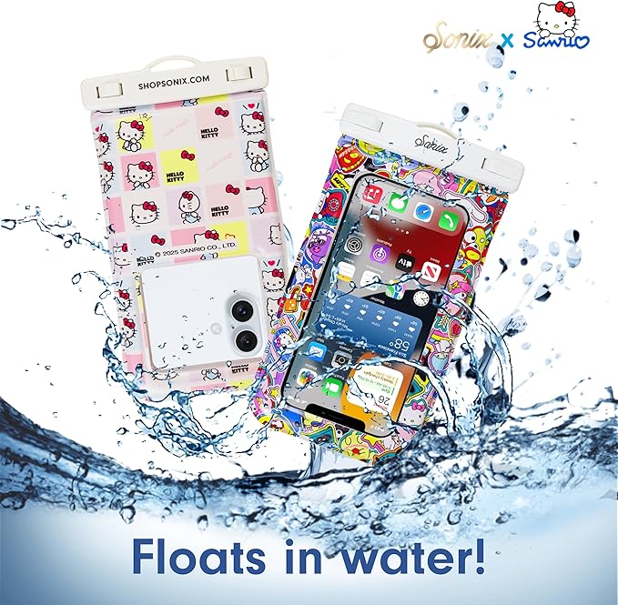 Sonix x Sanrio Waterproof Phone Pouch - Floating Phone Case Dry Bag w/Crossbody Lanyard - Beach Cruise Travel Essentials - Compatible w/All Devices, Touchscreen Friendly | Hello Kitty Stickers