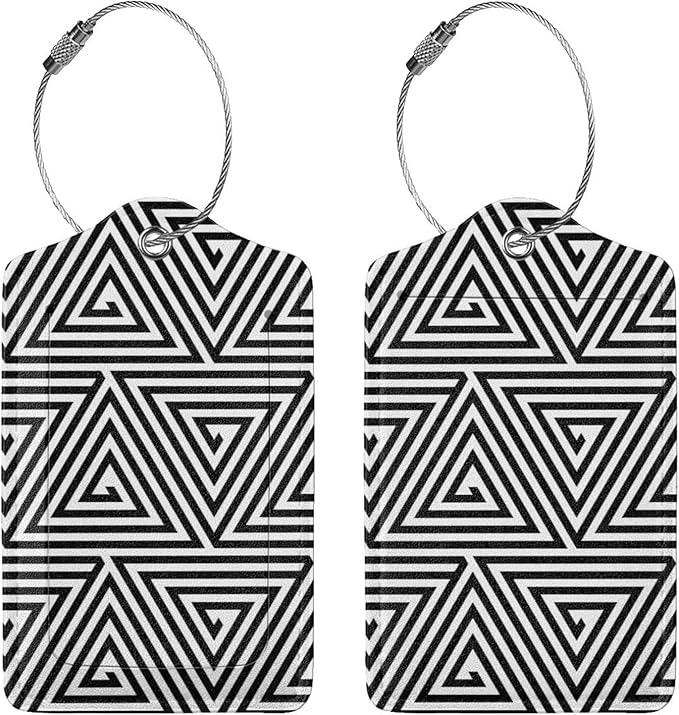 2 Pcs Black and White Abstract Patterns Luggage Tag for Suitcase, Seamless Geometric Triangles Birthday Gift, Steel Loop with Privacy Cover ID Label