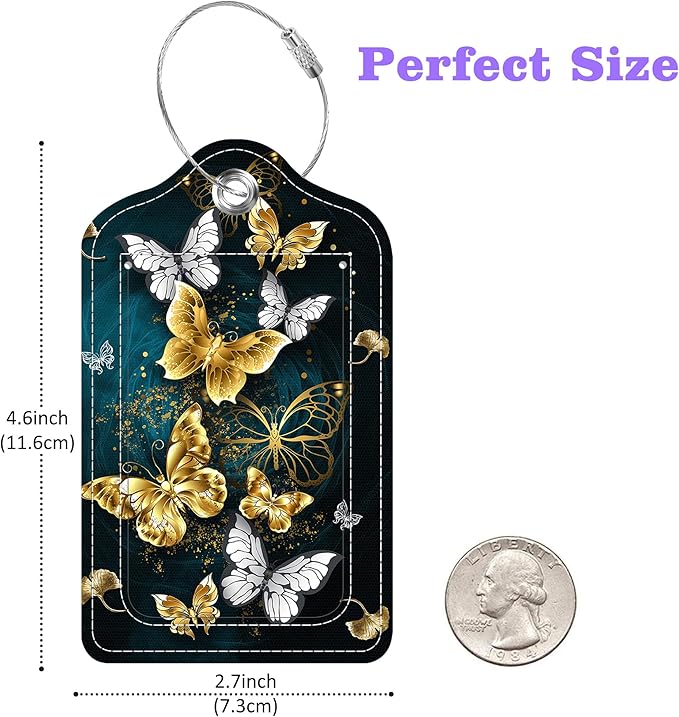 Set of 2 Luggage Tags Golden and White Butterfly Leather Suitcases Tag with Privacy Cover Stainless Steel Loop and Address Card for Women Men Travel