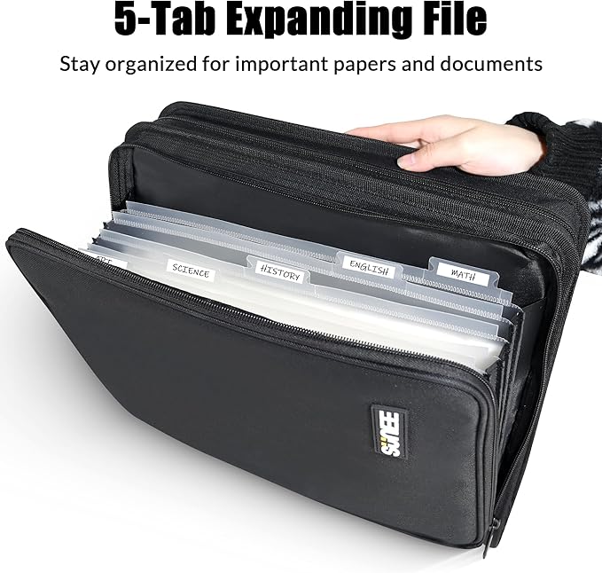 SUNEE Zippered Binder Bag with Handle, 2-Inch 3-Ring O-Ring, 500-Sheet Capacity, Includes Zip Pocket, 5-Tab Expanding File Folder, Multi-Pocket Organizer Binder Suitable for Middle School, Black