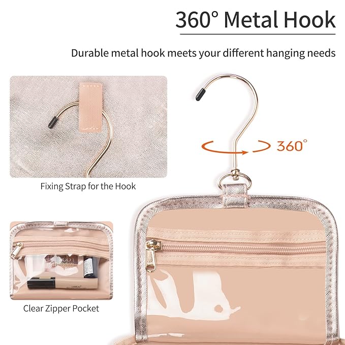 Toiletry Bag for Women - Hanging Travel Toiletry Bag with 360° Hook 3 Compartments Makeup Organizer with Portable Handle PU Leather Water-resistant Cosmetic Pouch