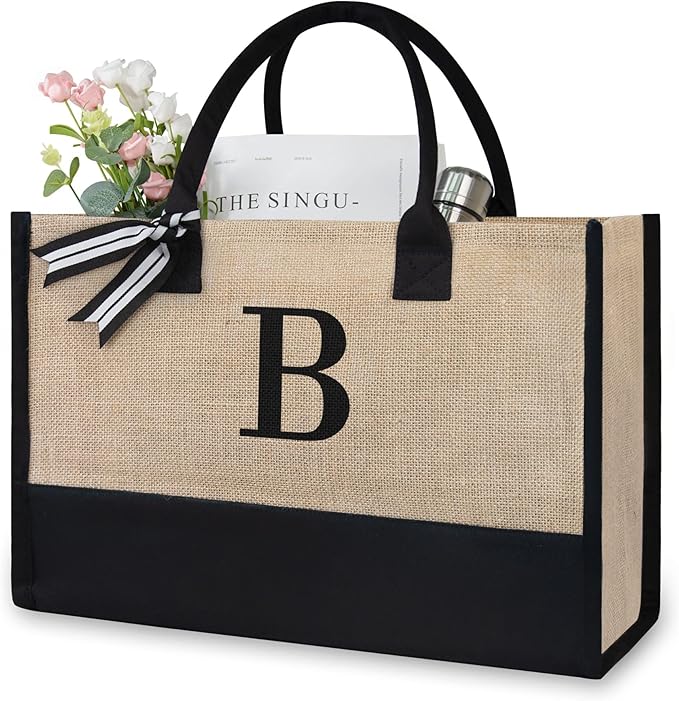 TOPDesign Initial Jute/Canvas Tote Bag, Personalized Present Bag, Suitable for Wedding, Birthday, Beach, Holiday, is a Great Gift for Women, Mom, Teachers, Friends, Bridesmaids (Letter B)