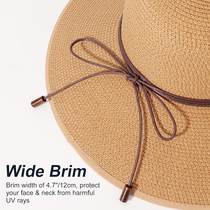DRESHOW Beach Hats for Women Big Straw Wide Brim Summer Hat Floppy Foldable Roll up Cap Sun Hat UPF 50+