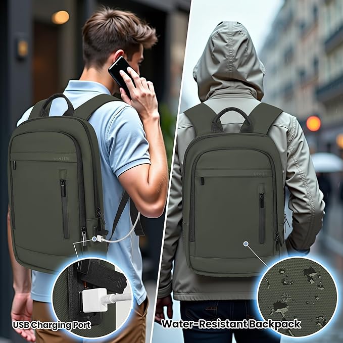 Business Backpack for Men Lightweight Commute Laptop Backpack Anti-Theft Water Resistant Backpack for 15.6 Inch Computer for Daily Office Work with Small Bag (Green)