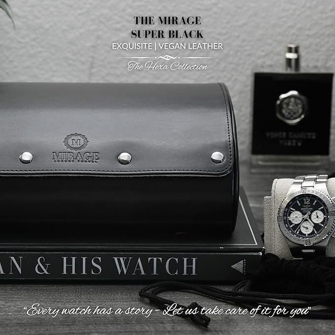 Black Watch Case for Men - 6-watch Roll Travel Case by Mirage - Super Black motif design