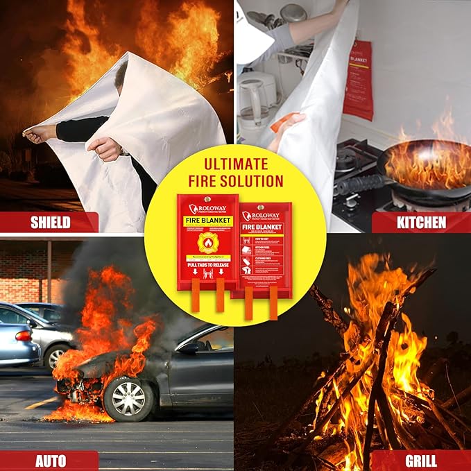 ROLOWAY Emergency Fire Blanket for Home and Kitchen, Fire Blankets Emergency for Home Safety (40 x 40 Inch) with Hooks, Gloves, Fire Suppression Blanket with Emergency Whistle for Fire Safety (4 Pack)
