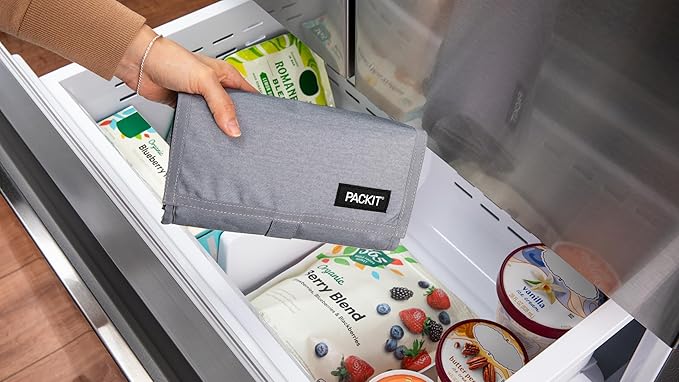 Packit® Freezable Lunch Bag, Gray Fog, Built with ECOFREEZE® Technology, Foldable, Reusable, Zip and Velcro Closure with Buckle Handle, Designed for Work Lunches and Fresh Lunch On the Go