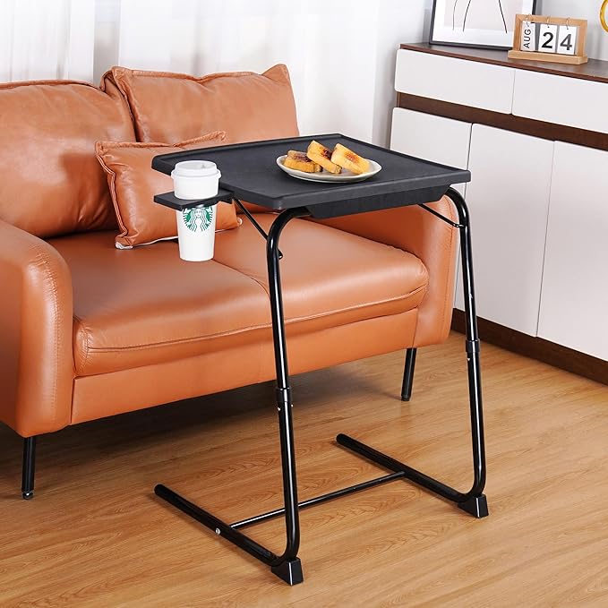 Allpop TV Tray Table, TV Dinner Tray for Eating Set of 2, Adjustable Folding Laptop Table with 6 Heights & 3 Tilt Angles, Cup Holder on Couch & Bed, Black