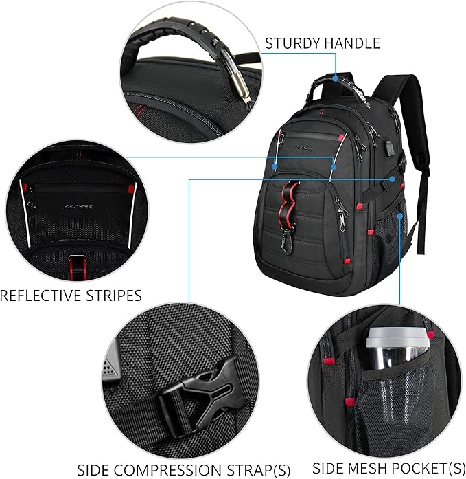 KROSER Travel Laptop Backpack 17.3 inch XL Computer Backpack Stylish College Backpack with RFID Pockets USB Charging Port REFLECTIVE STRIPS Water-Repellent Daypack for Business/Men