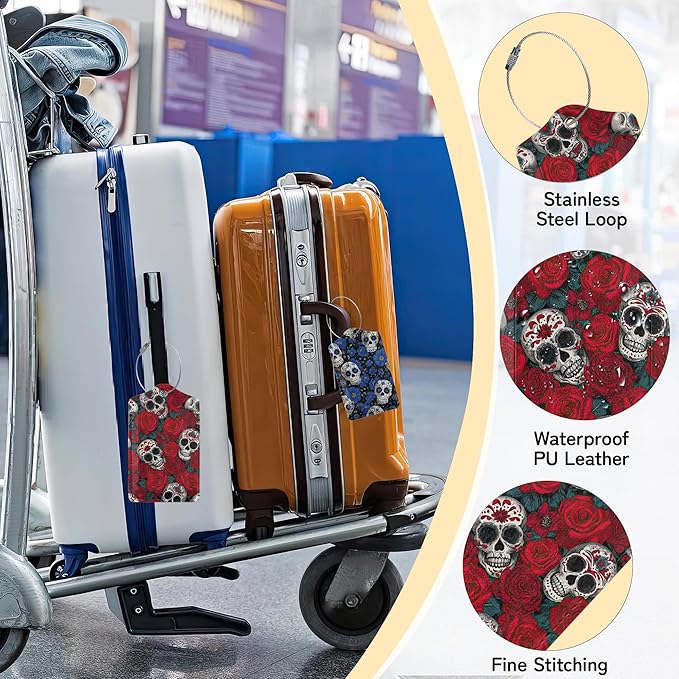 3 Pack PU Sugar Skull and Flowers Leahter Luggage Tag with Stainless Steel Loop,Travel Suitcase Labels with Privacy Cover ID Label Quickly Spot for Bags