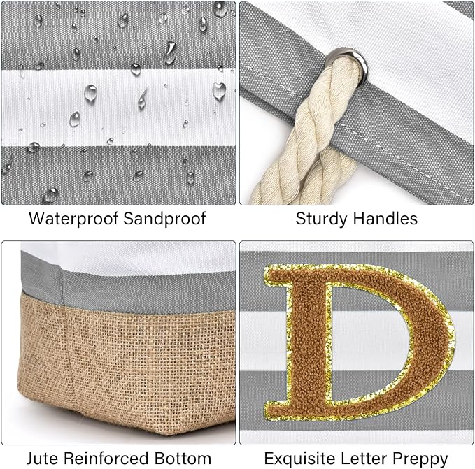 Becokan Beach Bag Initial Beach Tote with Makeup Bag for Travel Work Storage Personalized Birthday Gifts for Women Her