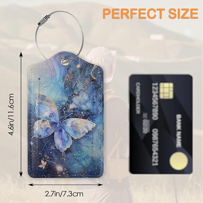 Starlit Crystal Butterfly PU Leather Luggage Tags for Suitcase, Travel Cruise 3 Pack with Privacy Flap, Name ID Label and Metal Loop for Women Men Girls Baggage Bag Backpack