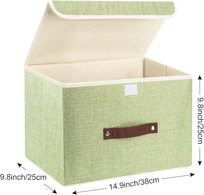 TYEERS Collapsible Storage Boxes, Washable Fabric Storage Bins with Lids, 14.9x9.8x9.8 inches, 3 Pack, Green