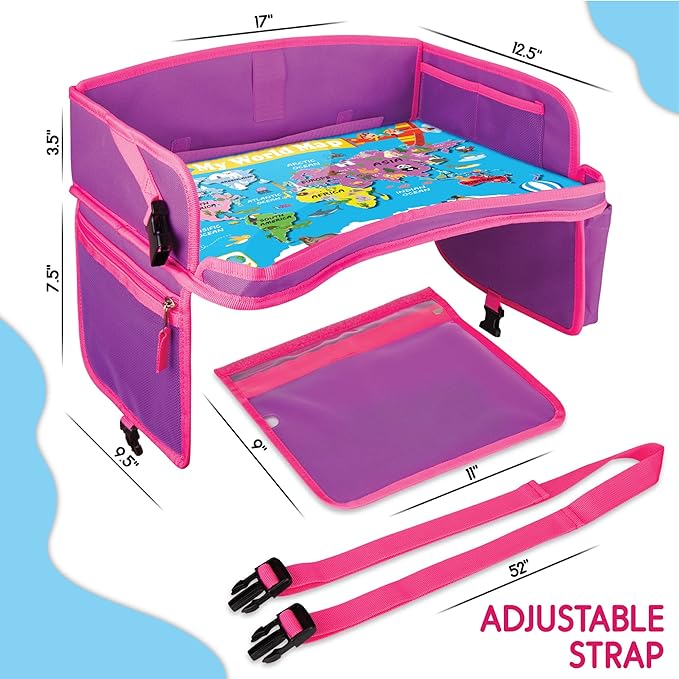 Kids Travel Tray - Waterproof Lap Table with No-Drop Large Tablet Holder - Car Seat Tray - Road Trip Essentials Kids - Car Desk Organizer for Airplane - Toddler Travel Essentials (Pink)