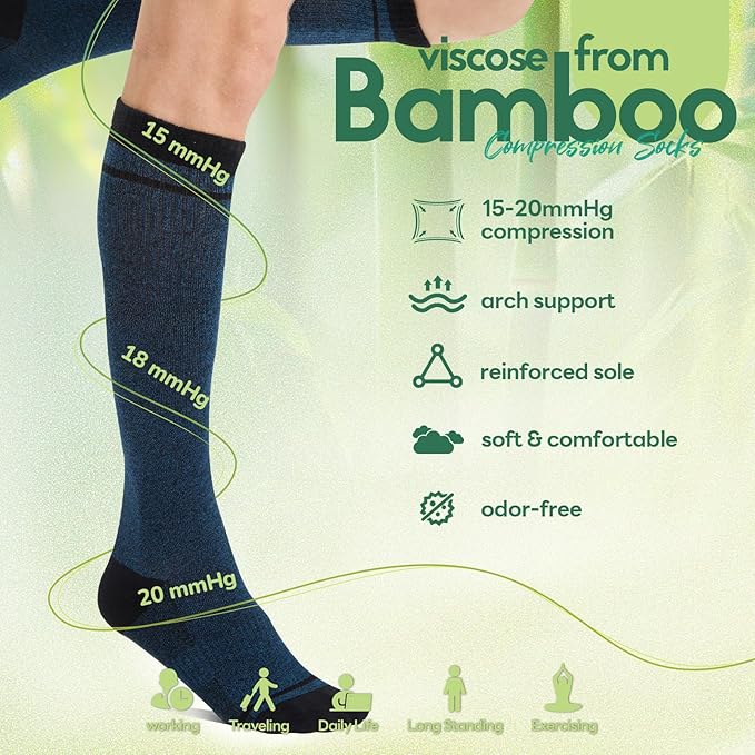 Mens Compression Socks for Men Women, 15-20 mmHg Bamboo Viscose Knee High Soft Support for Travel Daily