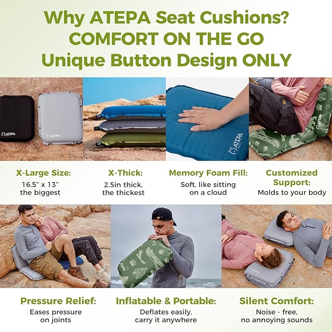 ATEPA Inflatable Stadium Seat Cushion, Self-Inflating Memory Foam Stadium Seats Bleacher Seat Chair Cushion Pad for Airplane Travel Backpacking Sports Events