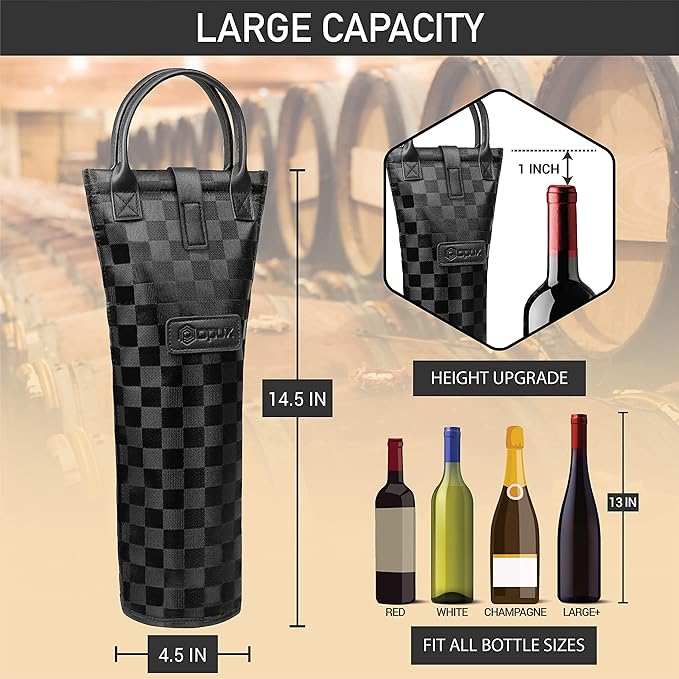opux Wine Bag Single Bottle Carrier Tote, Insulated Travel Wine Cooler Bag for Picnic Beach Gift, Thermal Padded Portable One Bottle Holder Carrying Case for Women Men Wine Lovers, Black Square