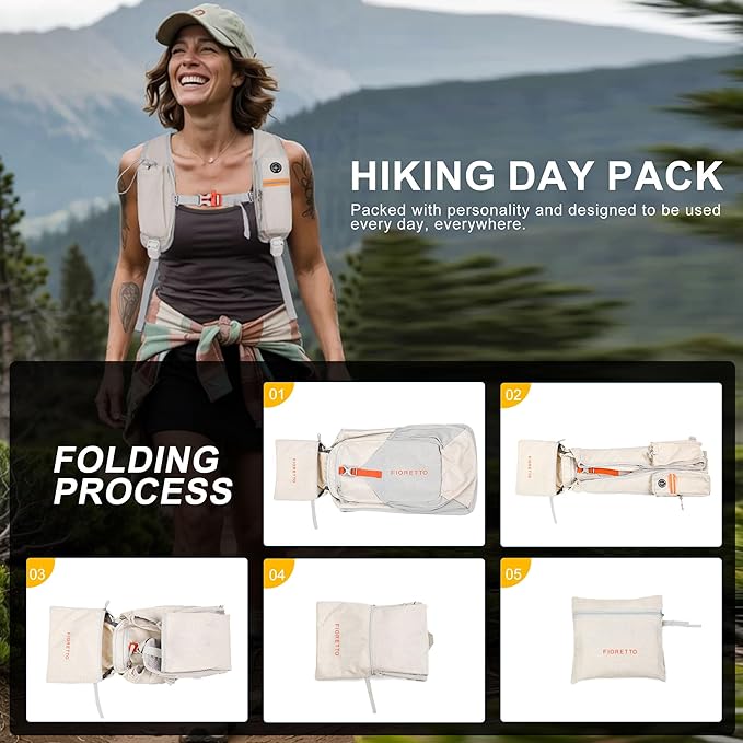 FIORETTO 10L Hiking Backpack for Women Men Mini Packable Backpack Lightweight Small Daypack for Camping Travel Outdoor, Beige