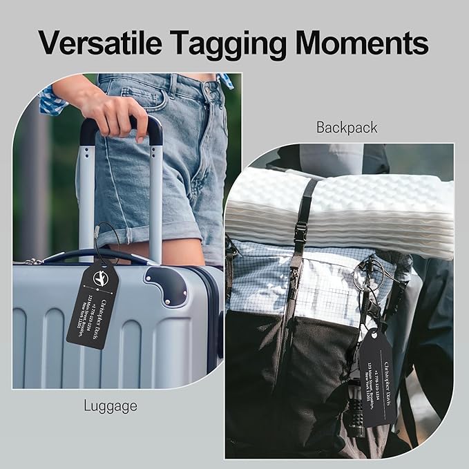 4 PCS Personalized Metal Luggage Tag – Personalized Engraved Suitcase Tag, Backpack Tag, with Matching Color Strap, Waterproof Suitcase Name Badge – Ideal Corporate Gift & Travel Accessory (Black)