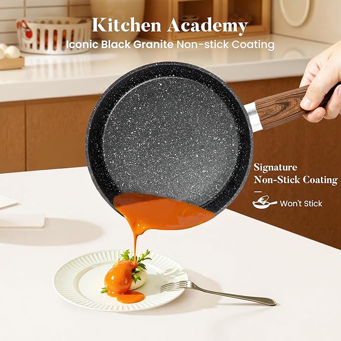 Kitchen Academy Induction Cookware Set-17 Piece Non-stick Cooking Pan Set, Black Granite Pots and Pans Set