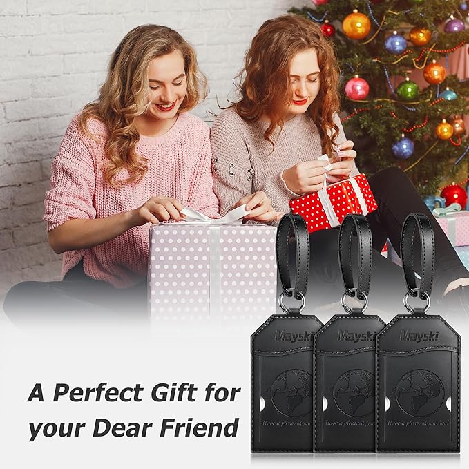 Mayski Luggage Tags for Suitcases 3 Pack Suitcase Bag Tags, TSA Approved, Metal Buckle, Bag Tags with Name ID Card Travel Essentials, Black Global