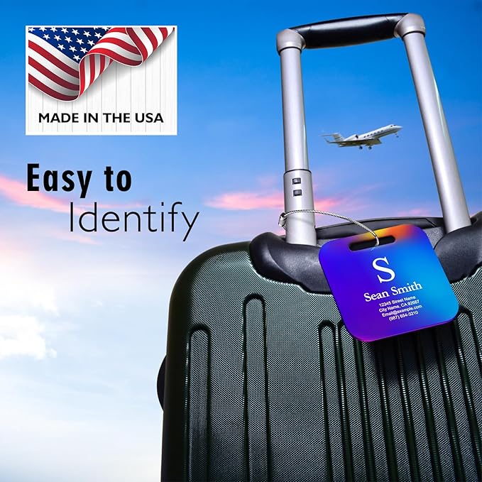 Personalized Engraved Metal Luggage Tags for Suitcase - Custom Name Tags, 10 Pack, Black, Matte Finish, 2x2 inches