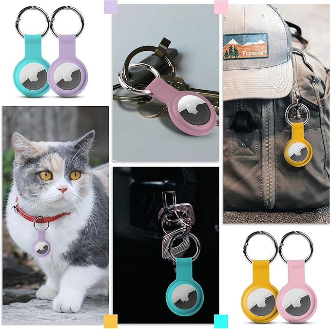 Apple AirTag Holders 4 Pack, Dustproof & Washable Cases, Silicon Covers with Accessories for Wallets, Luggage, Pet Collars, Key Finders (Teal - Purple - Yellow - Pink)