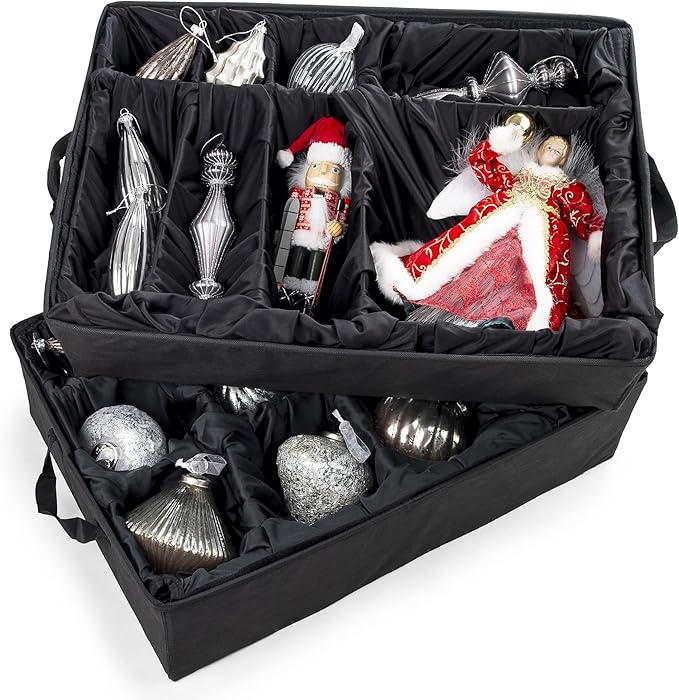 TreeKeeper Stack & Lock™ Adjustable Christmas Ornament Storage Box Holds 48 Ornaments up to 6 Inches Tall by Any Width/Length, 2 Removable Trays with Moving Dividers