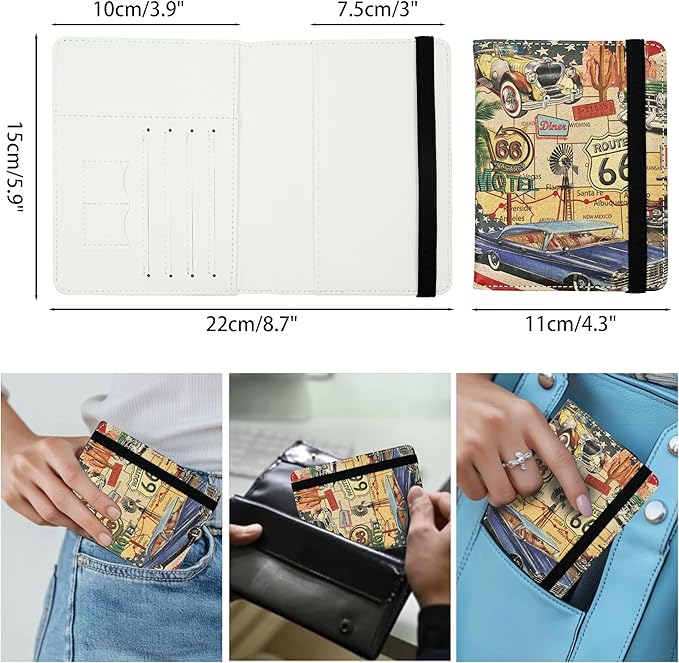 Passport Holder for Women and Men PU Leather Passport Cover for Travel (American Vintage Route 66)