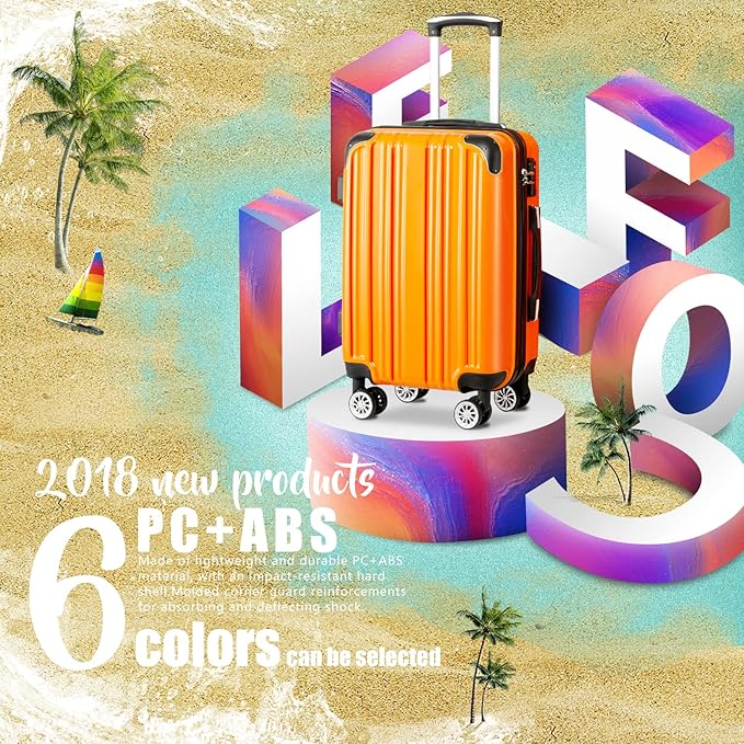 Coolife Luggage Expandable(only 28") Suitcase PC+ABS Spinner 20in 24in 28in Carry on (orange new, M(24in))
