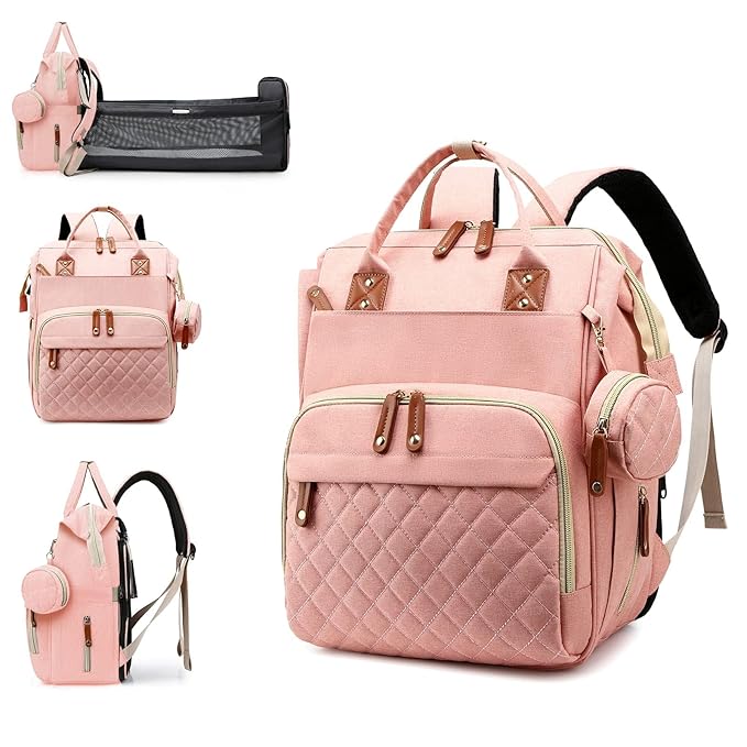 Diaper Bag, Backpack with Changing Station, Waterproof Baby Bag for Boys & Girls, USB Charging Port for Parents, Travel Backpack Baby Essentials & Lovely Baby Shower Gifts, Pink