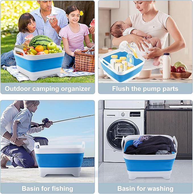 2.4 Gal(9L) Collapsible Dish Basin with Drain Plug - Collapsible Wash Basin for Baby Bottles, Space-Saving Camping Sink for Dishes Washing (Blue)