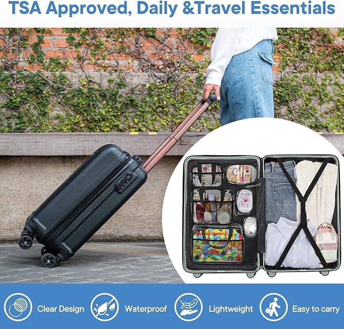XEWEA Clear Travel Toiletry Bags & Small Electronic Accessories Organizer Case, 6 PCS TSA Approved Transparent Makeup Bag for Women Men, Waterproof PVC Quart Pouch with Zipper for Airline Essentials