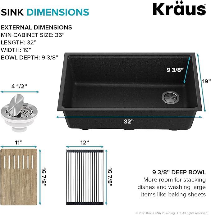KRAUS Bellucci 32” in. Undermount Workstation Granite Kitchen Sink in Metallic Black with Accessories, KGUW2-33MBL