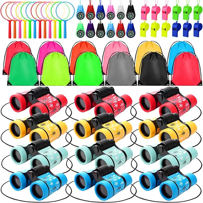 12 Set Binocular Compass Magnifying Glass Set Christmas Birthday Gift Small Telescope Binocular with Whistle Bag for Outdoor Exploring Stocking Stuffer(Mixed Color,Pine)