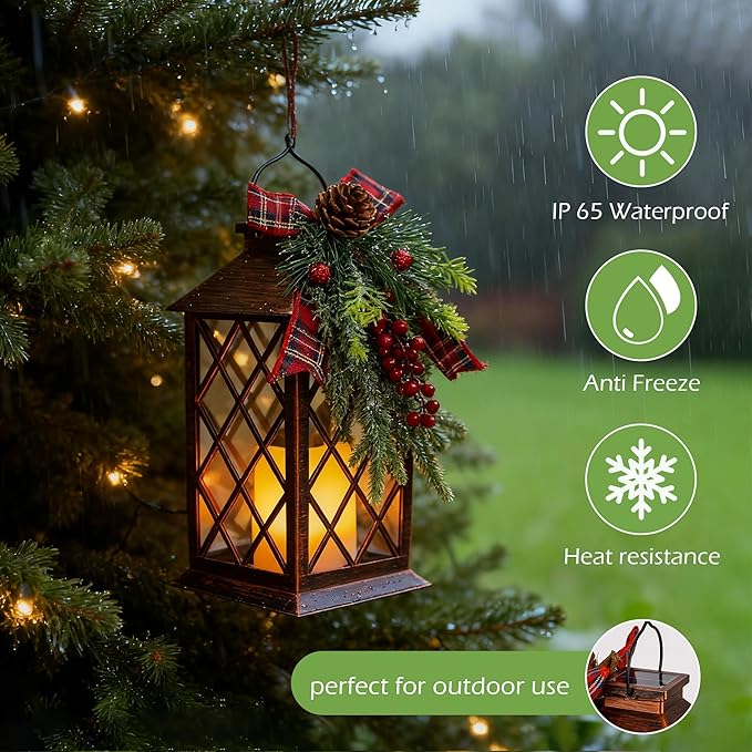 Christmas Solar Lanterns Outdoor, Waterproof Garden Hanging Lanterns, 13" Outdoor Christmas Decorative Lantern with LED Flickering Flameless Candles, Solar Lantern for Porch Yard Patio Decor