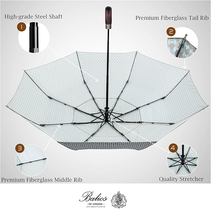 Balios Travel Folding Umbrella with Real Wood Handle Auto Open Close Vented Windproof Canopy - Designed in UK