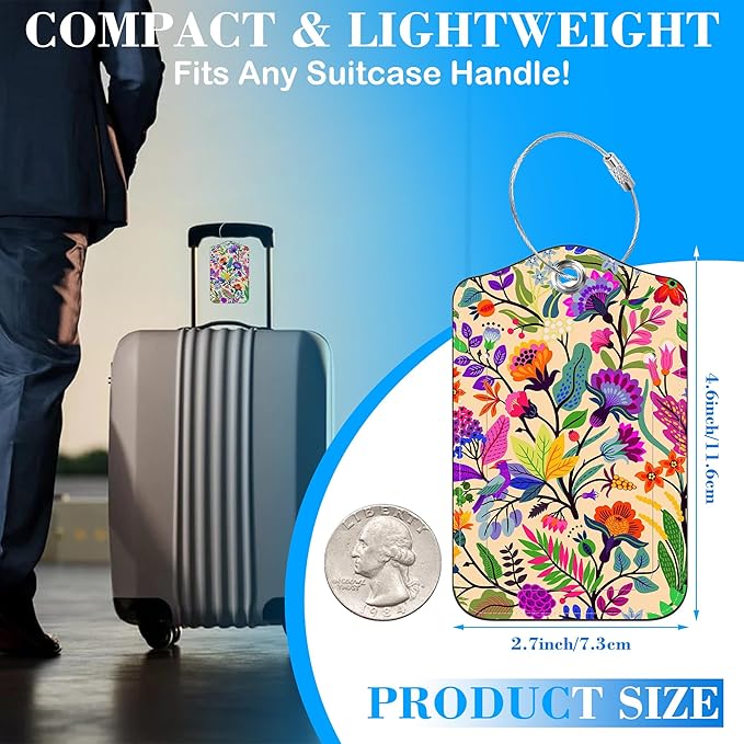 Colorful Flowers and Tropical Leaves Luggage Tags for Suitcases Leather Travel Tags for Luggage ID Label with Privacy Cover and Stainless Steel Loop for Men Women Suitcase Backpack, Set of 2