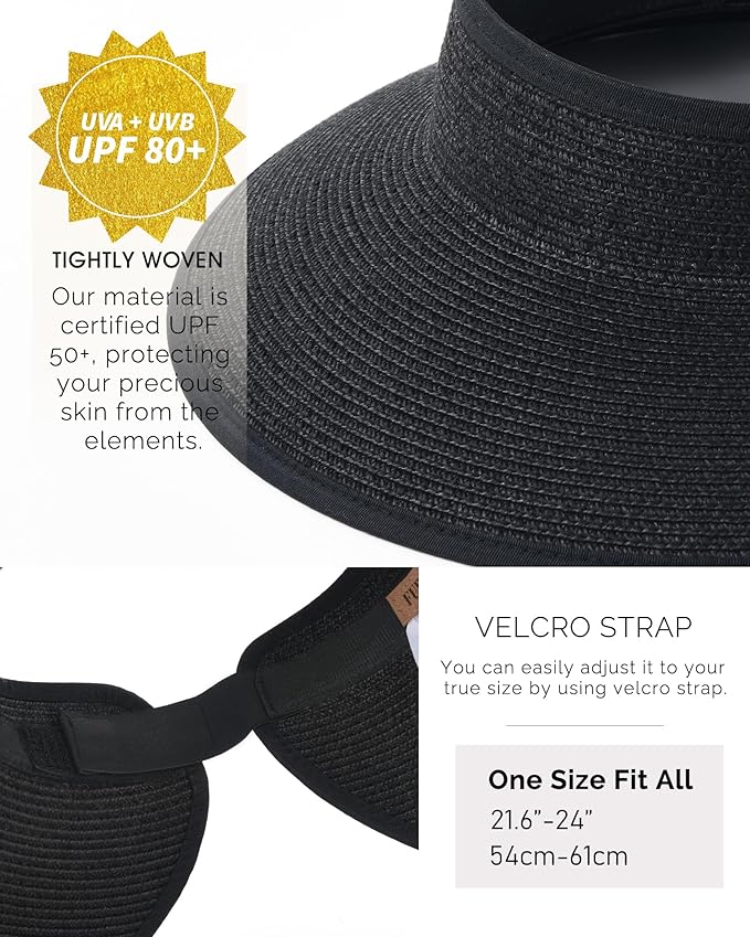 FURTALK Sun Hats for Women Wide Brim Beach Hat Straw Visor Ponytail Summer UV Packable Foldable Beach Vacation Essentials