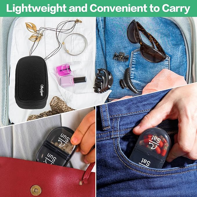 Serfeymi Weekly Travel Pill Organizer 2 Times A Day AM PM Upgraded Black Pill Box 7 Day with Portable Zipper Canvas Pill Case, Medicine Organizer for Pills, Vitamins, Supplements, Fish Oils - Black 01
