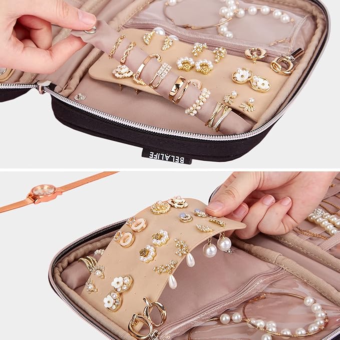 BELALIFE Travel Jewelry Organizer, Portable Storage Case for Earrings, Rings, Necklaces, Bracelets, Black